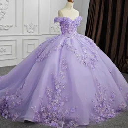 Lilac Purple Princess Quinceanera Dress 2024 قبالة الكتف CHAPE TRAIN PROS LACE UP CORSET SWIET 16 VESTIDO 15 QUINCEANERAS