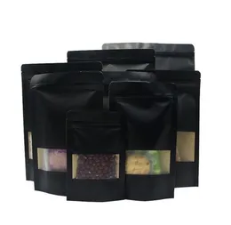 Black Kraft Paper Bags Clear Window Zipper Retail Mylar Stand Up Pouch Package For Cookies Snack Candy Coffee Bean Powder Food Nuts TEA SEEDS GENTER