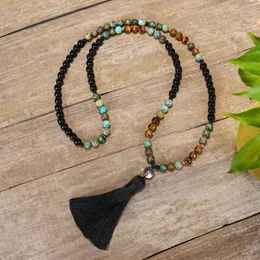 Chains 108 Mala Beads Bracelet African Turquoise Beaded Necklace Black Obsidian Tiger's Eye Tassel Pendant Healing Balance
