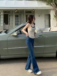 Jeans femininos vintage cintura alta cor pura feminino lavado magro leve estiramento azul escuro algodão denim casual calças flare