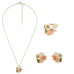 Dangle Oorbellen Witte Bloem Serie Set Emaille Kleur Glazuur Frosty Wind Daisy Roze Edelsteen Groen Blad Ketting Ring