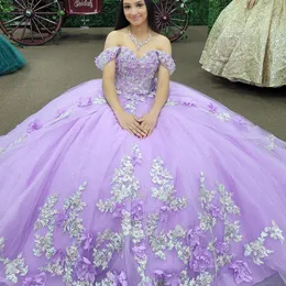 Luxus Lavendel glänzend Schatz Quinceanera Kleid 2024 Blumen Applikationen Geburtstag Prom Kleider Sweet 16 Kleid Korsett