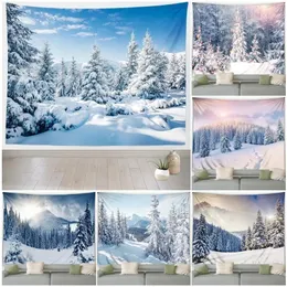 Tapissries Winter Tapestry Winter Mountain Pine Trees Nature Landscape Tapestries Year Christmas Wall Hanging Home Living Room Decor 231109