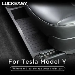 Organizador de carro LUCKEASY para Tesla Model Y 2017-2023 Sob o assento Caixa de armazenamento Organizador Suporte de gaveta TPE Caixa inferior de armazenamento Acessórios de carro Q231109