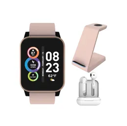 Fusion 2 smartwatch met Bluetooth draadloze oordopjes plus 3 in 1 oplaadstation blush
