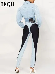Kvinnors jeans bkqu kvinnor mode blyerts byxor chic hög midje kontrakt färg lapptäcke tvättade långa denim elastiska mager byxor