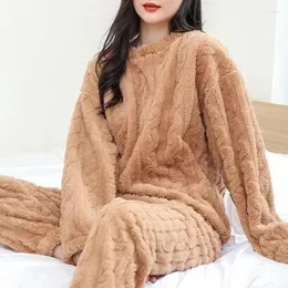Женская одежда для сна, осенне-зимняя теплая фланелевая домашняя одежда, женские плотные коралловые бархатные пижамные комплекты с длинными рукавами, однотонные пижамы из 2 предметов