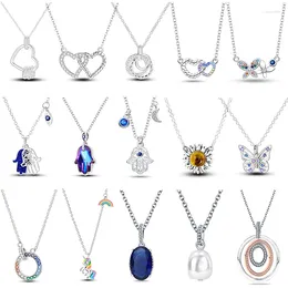 Presants Fashion 925 Sterling Silver Heart Pendant Blue Zircon Sunflower Butterfly Necklace Womens Anniversary Gifts Jewelry Jewts