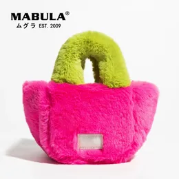 Evening Bags MABULA Purple Yellow Winter Faux Fur Top Handle Purse for Women Trend Small Basket Crossbody Bag Fashion Square Handbag 231108
