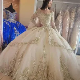 Quinceanera Kleider Champagner funkelndes Ballkleid von Schulterpaillettenspitzen Pailletten Applikes Plus Size Sweet 16 Reißverschluss Rücken formelle Party Abschlussabendkleider s s