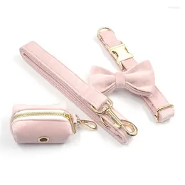 Dog Collars Customized ID Tag Collar Bow Poop Bag Carrier Personalized Leash Set Velvet Pink Pet Walking