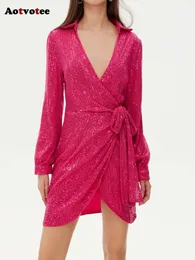 Paillettes pour femmes nouvelle mode Vintage Chic col en V profond à manches longues maigre décontracté à lacets Mini robe