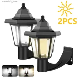 Solar Wall Lights 2PCS Solar LED Ściana światło wern w ganku Ogród Oświetlenie zewnętrzne Wodoodporne sześciokątne oświetlenie latarnia ulicy retro dekoracje na dziedziniec Q231109