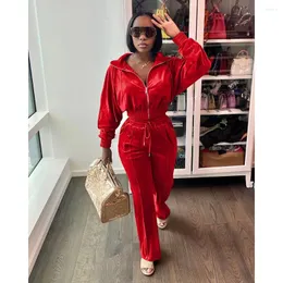 Calças femininas de duas peças Lady Velvet Tracksuit Set Sexy Mulheres Peças Outfit High Street Casual Matching Top