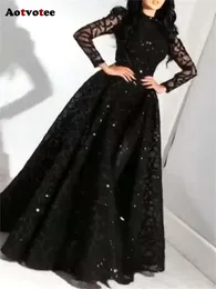 O pescoço manga para mulheres moda vintage lantejoulas vestido de baile preto elegante até o chão vestido longo