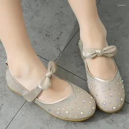 Flat Shoes Girls Leather Kids Crystal for Wedding Party Bling Rhinestone Children Dress Flats Soft Bow-Knot Princess Chic