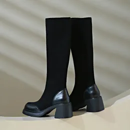 Stövlar Kneehigh för kvinnor 2023 Autumn Style Thickheeled Slim Elastic Suede Fashion Females Black Modern Long Shoes 231109