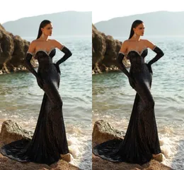 Elegant Black Mermaid Evening Dresses Seuined Sweetheart Beaded Crystals Sweep Train Evening Gowns Formal Wear Birthday Party Celebrity Special Occasion Dress