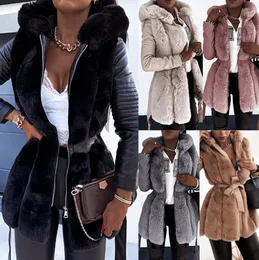 2023 Women's Fur Autumn Winter Coat Women With Belt Hooded Solid Color Zipper Jacket Clothing For Woman