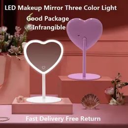 Kompakta speglar Desktop LED Hjärtform Vanity Mirror Justerbar trefärgad ljus Kosmetisk laddningsbar sminkspegel 231109