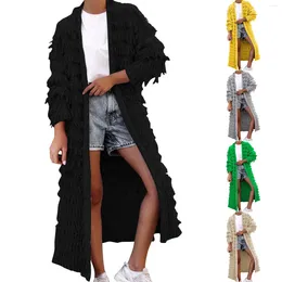 Women's Jackets Long Jacket With Fringe Wool Blend Coat Sleeve Round Neck All Up Wrap Sweater Ladies Knit Open