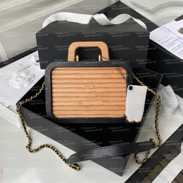 10a av högsta kvalitet lyxdesigner mini klaffväska mode trä kosmetisk låda väska kvinnor makeup väska äkta läderkedja axelväska 21 cm lady crossbody väska handväska med låda
