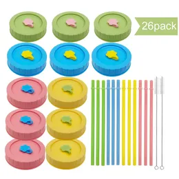 Disposable Cups Straws 26pcs Home Safe Mason Jar Lid Set Wide Mouth DIY Easy Clean Silicone Stopper Drinking Straw Cleaning Brush Leakproof 231109