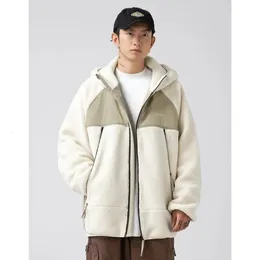 Piumino da uomo Parka invernale in pile Giacca in lana di agnello Felpa patchwork Calda cerniera con cappuccio Hip Hop Street Trend Cappotto allentato per coppia 231108