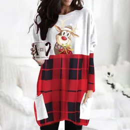 Women's T Shirts Christmas Cute Elk Plaid Print Womens Tshirt Långärmad Vintage Clothes Pullover Tops Round Neck Spring and Autumn Tee 4