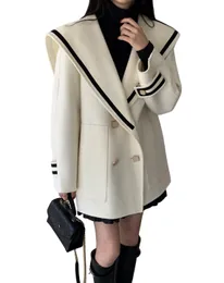 Women's sailor collar color block woolen double breasted casual loose coat abrigos SML