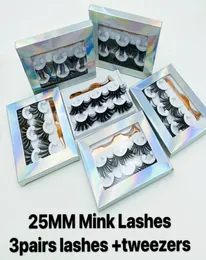 25 mm Nerz-Wimpern, dramatische lange Wispies, flauschige Wimpern, 5D, 3 Paar Wimpern, dicke künstliche Wimpern mit Pinzette, in Box, 6 Stile, Newes1807484