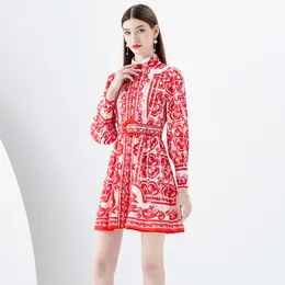 2023 Designer Paisley Floral Shirt Dress Kvinnor Långärmad enkelbröst stativ krage Tryckt smal A-Line Holiday Party Mini Dresses Spring Autumn Lady Frocks