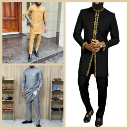 Fatos masculinos elegantes tops e calças de duas peças conjunto impresso cor sólida em torno do pescoço de manga curta terno social estilo étnico africano 231108