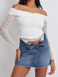 Women's Blouses Fashion Off Shoulder Lace Blouse Women Long Sleeve Slim Fit Crop Tops Spring Fall Sexy Elegant Chic Shirts Clubwear