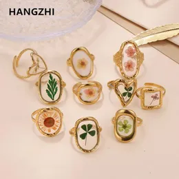 Anneaux de cluster Hangzhi réglable transparent fleur impression en acier inoxydable ouvert vintage charme or couleur bijoux pour femmes filles