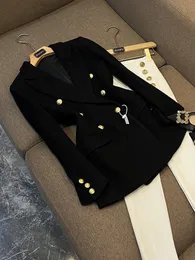 2023 Autumn Black Solid Color 93.5% Wool Blazers Long Sleeve Notched-Lapel Buttons Double-Breasted Outwear Coats A3G306562