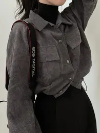 レディースジャケットヴィンテージコーデュロイクロップドジャケット女性韓国ファッション長袖ドローストリングブラウス
