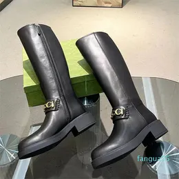 2024-Full Grain Leather low heel Knee-High Boots calfskin round toe Letter buckle side zipper Knight booties women's outdoor shoes luxury designers Flat shoes