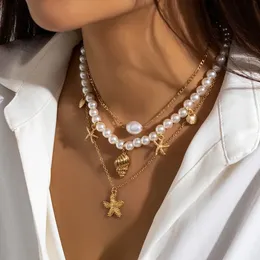 Chokers Ins Trend Multilayer Pearl Necklace Geometrice Thick Starfish Star Shell Cross Pendant CLAVICLE CHAMER CHOKER BOHO BEACH SMYELLT 231109