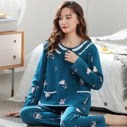 Kadın pijama m-3xl bahar ve sonbahar saf pamuk kazak baskılı ev mobilyası katı tam pijama seti