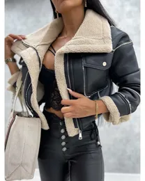 Women's Fur Faux Leather Jacket PU Short Thick Warm Black Outwear Female Retro Lapel Velvet Coat Year Winter Tops 231108