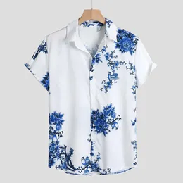 Camisas casuais masculinas com estampa de bainha redonda, blusas de verão para homens, peito solto, manga curta com gola virada para baixo