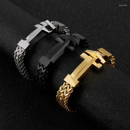 Link pulseiras punk cruz pulseira para homem preto fosco polido banhado a ouro malha de aço inoxidável acessórios de jóias de pulso masculino