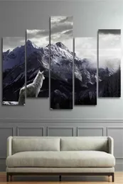 Legal hd imprime arte da parede da lona sala de estar decoração casa fotos 5 peças neve montanha planalto lobo pinturas animais cartazes framew1344054