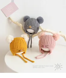 Caps Hats Autumn And Winter Cute Kitten Children's Ear Caps For Male And Female Babies Cartoon Double Ball Wool Knitted Hat For 6M-3Y 231108