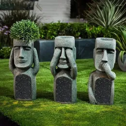 Garden Decorations Evil Easter Island Statues Pot Unika ansiktsplanterare Planter Kreativa harts Skulptur Planter med dräneringshål