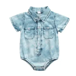 Jumpsuits 2023 Baby Summer Clothing Retro Spädbarn denim Romper Kids Boy Girl kläder Kort ärm Single Breasted Casual Jumpsuit