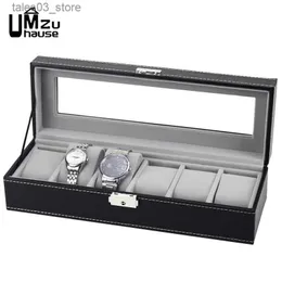 Jewelry Boxes 6 Slot Leather Box Display Black Case Luxury Jewelry Storage Clear Glass Lid Dustproof Holder Dresser Bin Table Organizers Q231109