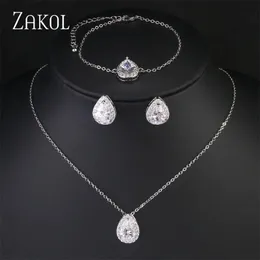 Stud Zakol Shinny Branco Gota de Água Cubic Zirconia Conjuntos de Jóias para Mulheres Nupcial Casamento Teardrop Brincos Colar Pulseira Set 231109