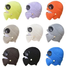 Berets 2023 unissex 2 em 1 malha com nervuras gorro chapéu boca máscara conjunto inverno quente à prova de vento neve cuffed earflap boné com óculos óculos